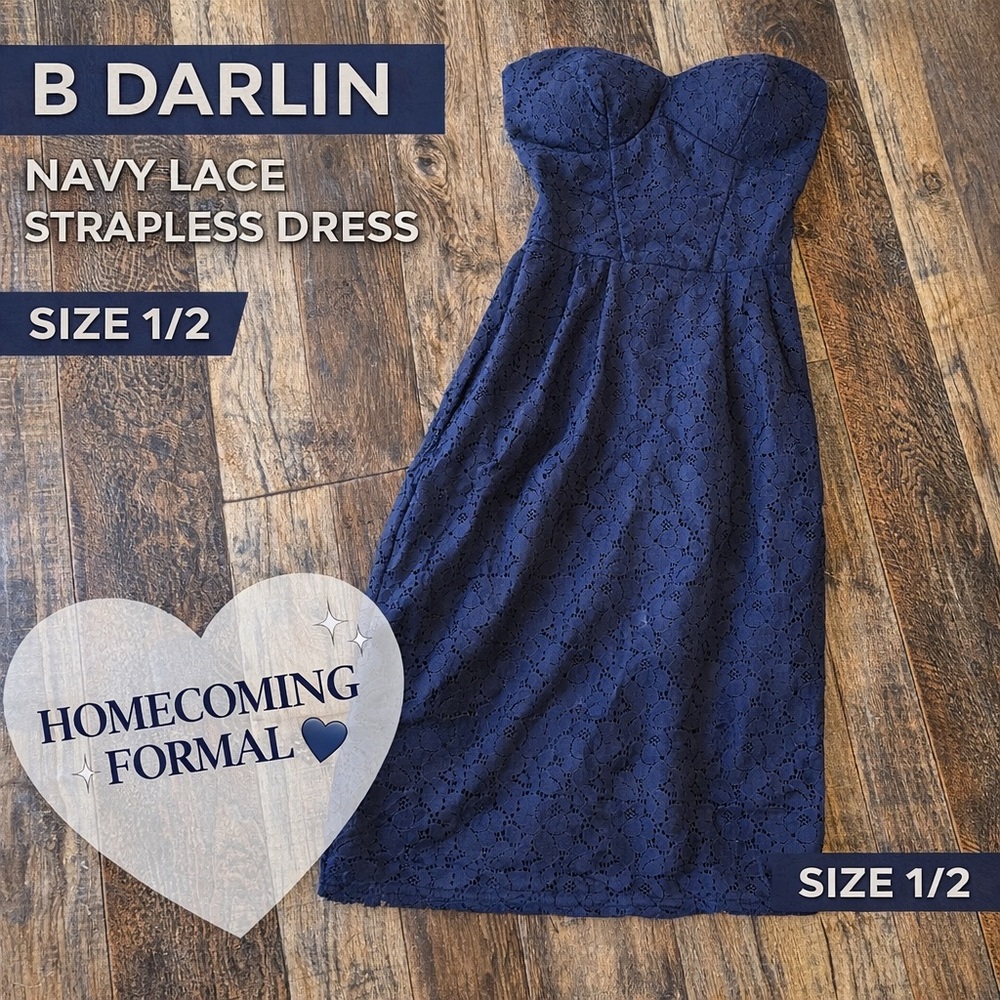 Y2K B Darlin Navy Lace‎ Strapless Dress Size 1/2 Fit & Flare Sweetheart Corset
